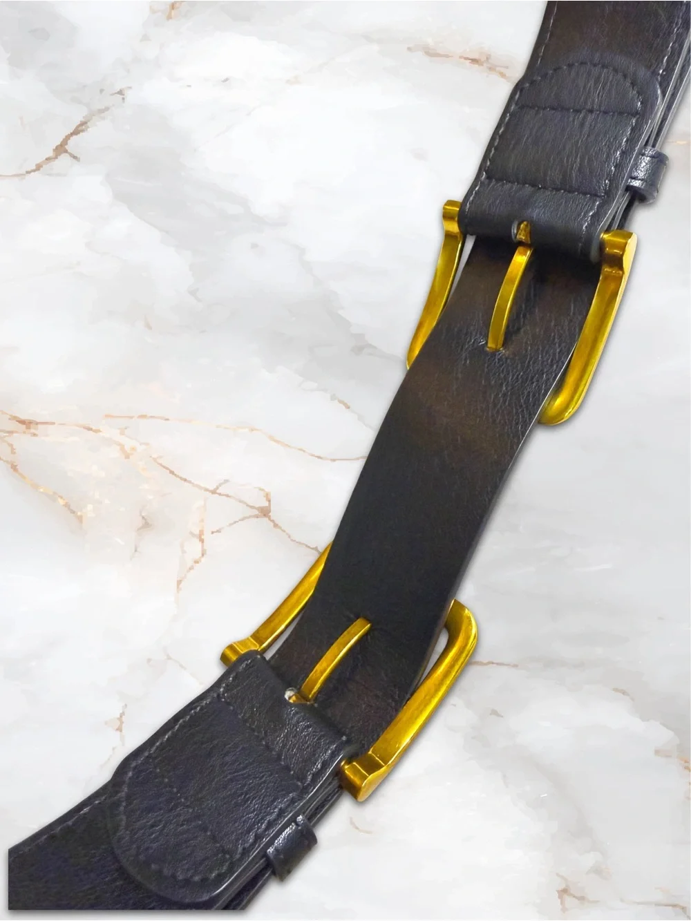 Black Waist Belt for Dressed with Gold Double Buckles in Faux Leather & Elastic